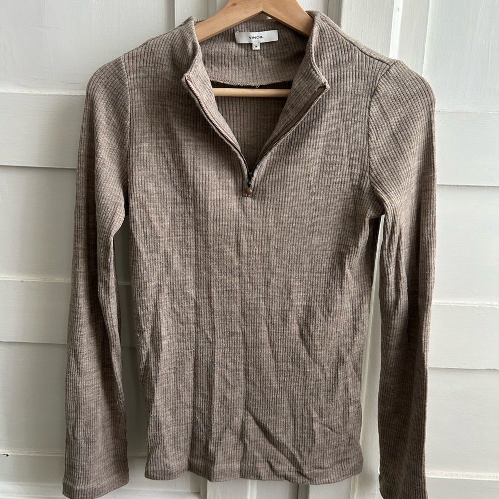 Vince Ribbed Half-Zip Sweater in Taupe